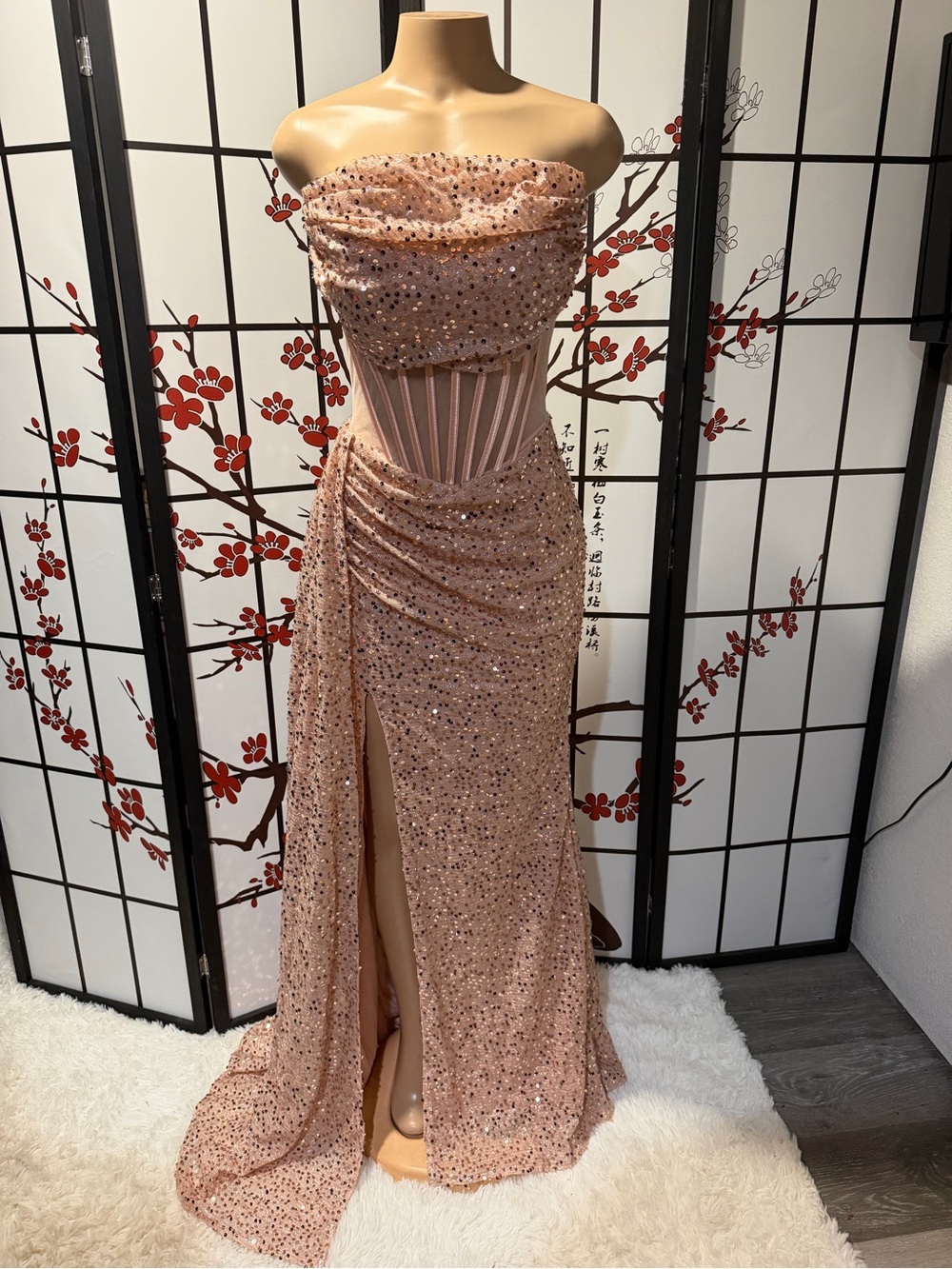 Strapless Sequin Corset Gown in Blush Pink